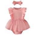 thumbnail image 1 of Gupgi Baby Girl Ribbed Romper Dress Summer Solid Ruffles Sleeveless Jumpsuit Bodysuit with Headband, 1 of 7