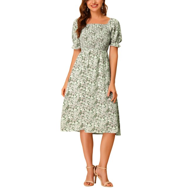 INSPIRE CHIC Robe pour Femme Smockée à Fleurs à Encolure Carrée Manches Courtes Bouffantes Printemps Été Robes Midi Gris TP