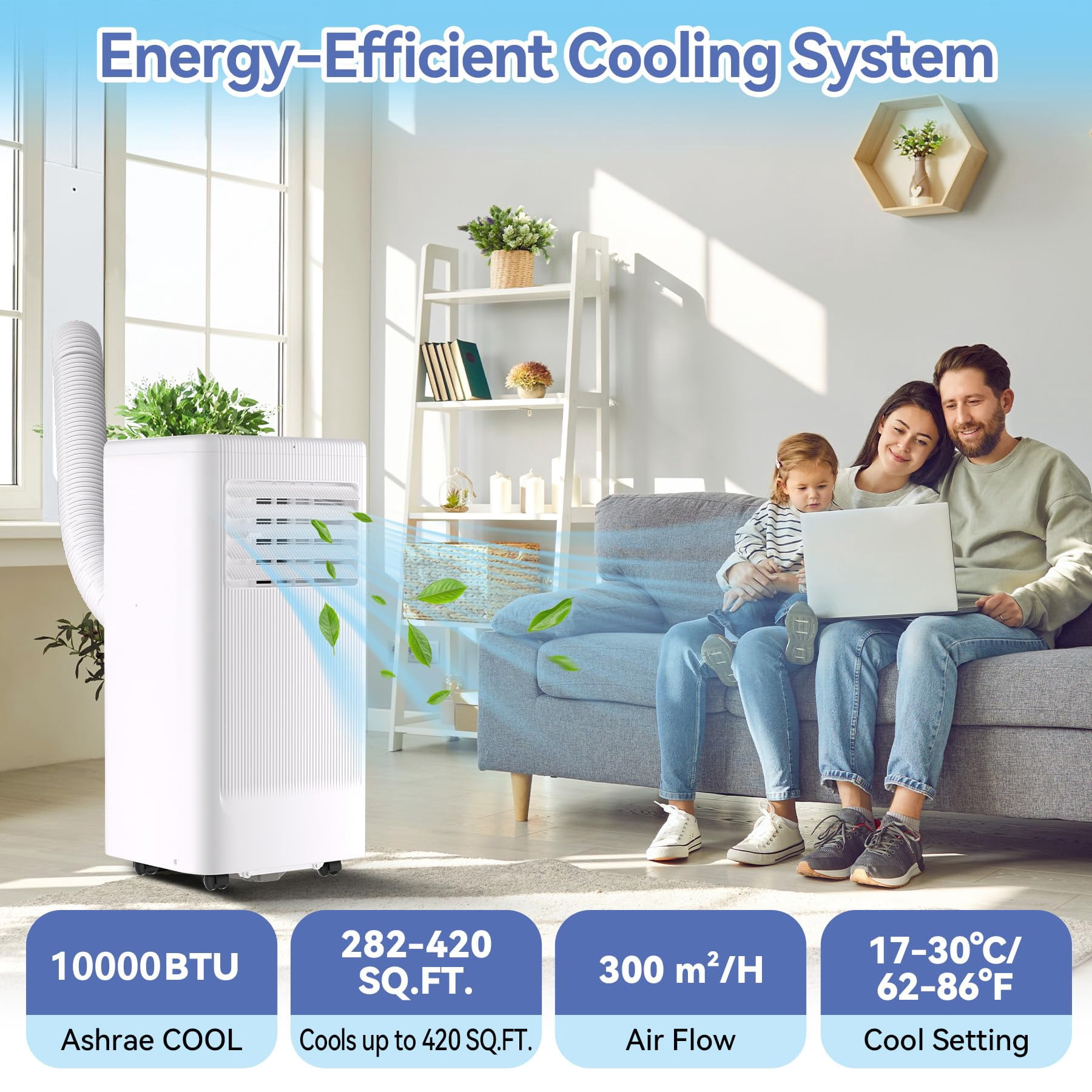 Efficient 10000 BTU Portable Air Conditioner - 3-in-1 Cooling, Dehumidifier & Fan - Floor Standing AC with LED Display, Remote, Quiet Operation, Window Kit - Cools Rooms up to 560 Sq.Ft