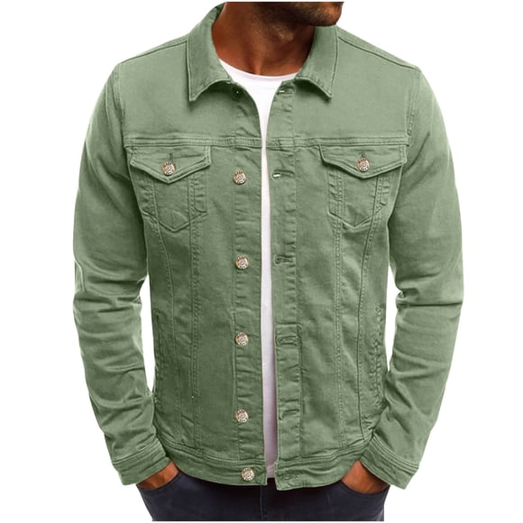 aohooy Mens Denim Jacket Cargo Style Jean Shirt Jackets Washed Distressed Long Sleeve Slim Button Up Denim Trucker Jacket with Pockets Army Green,XL