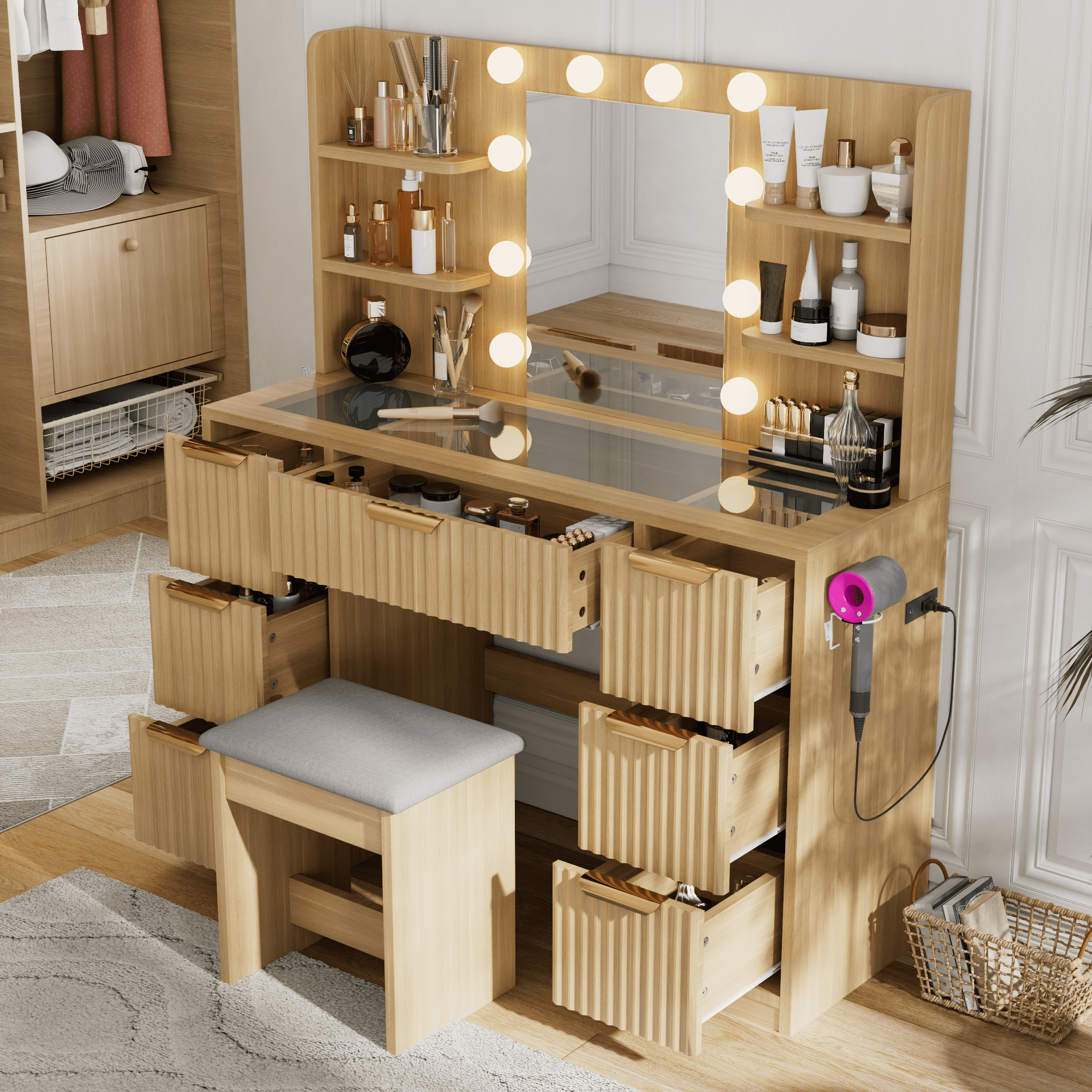 Noble House bureau vanité à 7 tiroirs avec prise de courant et plateau en verre, Design cannelé avec 10 lumières LED miroir et chaise, naturel