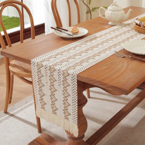 Boho Macrame Table Runner with Tassels | Woven Polyester Runner for Dining Table, Bedroom, Wedding & Party Decor | Red or Khaki