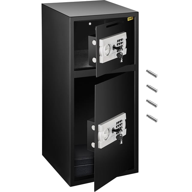 VEVOR Security Safe Box Large Double Door Steel Safe Box in black with a stable construction and digital lock. Ideal for storing money, jewelry, guns, and documents. Features two independent compartments with gray carpet padding inside, pre-drilled holes for installation, and includes four steel bolts, keys, and an instruction booklet. Suitable for home, office, or hotel use.