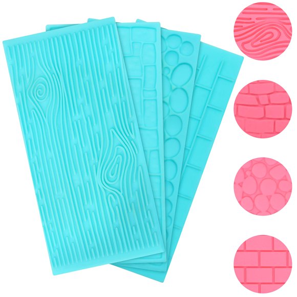 Kurtzy Ensemble de Moules en Plastique pour Fondant, Glaçage, Gâteau au Chocolat (4 Pack) - Designs Brique, Bois, Galets et Galets - Bleu 3D pour Décoration de Bonbons, Décoration, Pâtisserie DIY