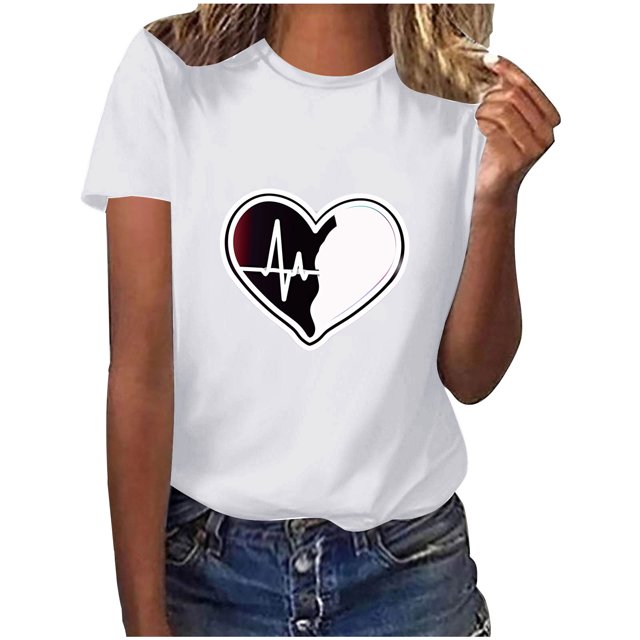 Diufon Hauts de la Saint-Valentin pour Femmes Tunique Décontractée à Manches Courtes Col Rond Chemisier Imprimé Graphique Mignon Tendance