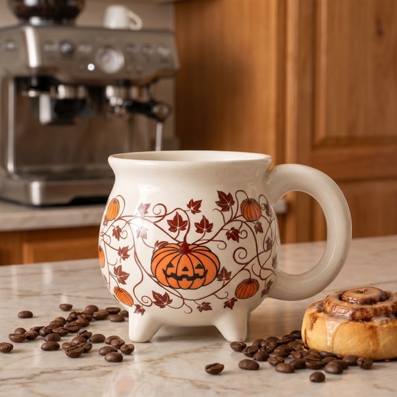 Ceramic Pumpkin Mug with Legs, 5.5x5.1x5.5 In Witch Cauldron Coffee Cup, 4 Footed Halloween Mug in 3 Colors for Hot Cocoa Tea