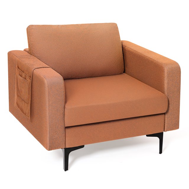 Costway Fauteuil d'Appoint Moderne en Tissu de Lin, Sofa une Place avec Pochette de Rangement Latérale, Orange