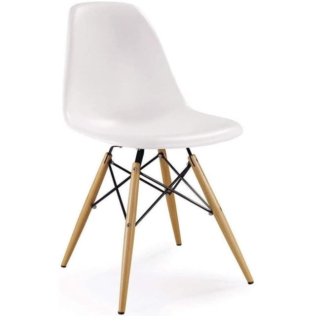 Nicer Furniture Chaise Latérale Style Eames en Blanc avec un Siège Ergonomique en Plastique Moulé à Fini Mat Blanc, Pattes en Bois Naturelles Soutenues par des Traverses en Fil Métallique Noir pour la Stabilité, Conçue pour les Sièges de Cuisine et de Salle à Manger et Convient comme Chaise d'Appoint de Bureau Moderne.