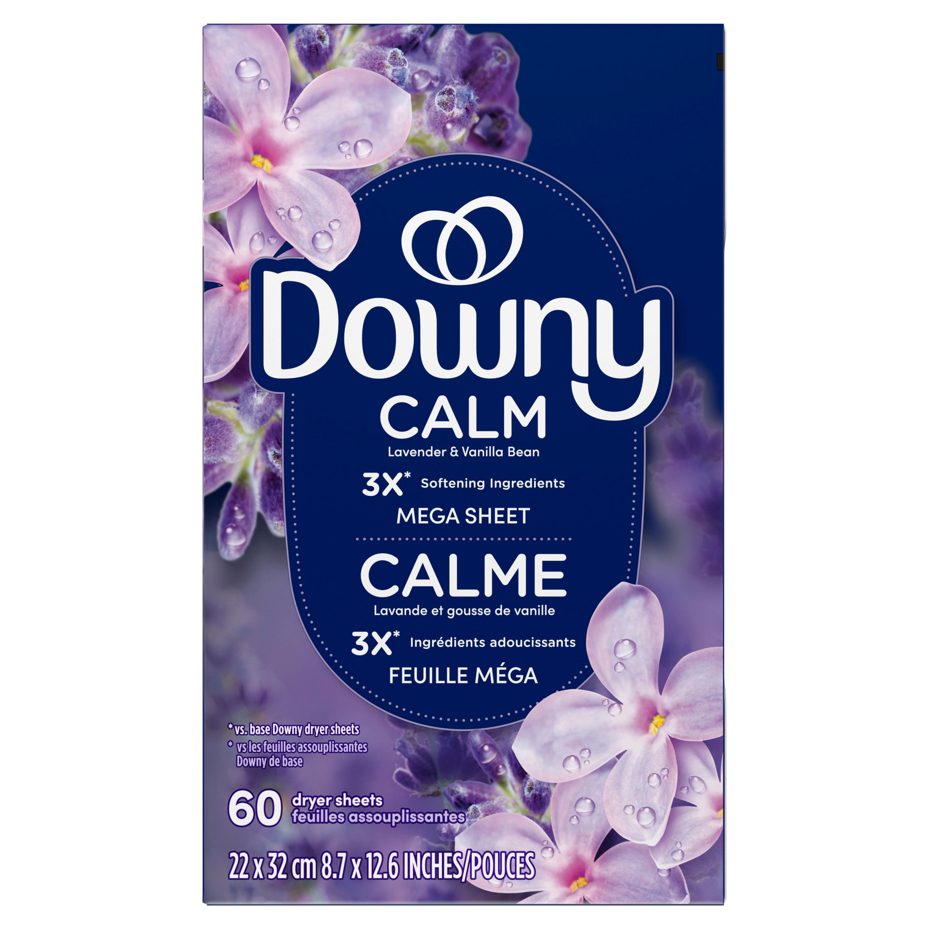 Downy Calme, Feuilles Assouplissantes Méga pour Sécheuse, Assouplissant pour la Lessive, Lavande et Gousse de Vanille 120CT