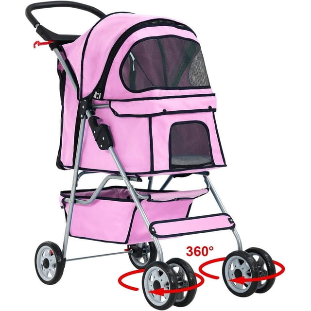 FDW Folding Pet Stroller Travel Carrier for Cats & Dogs, Portable Cage Design, Pink