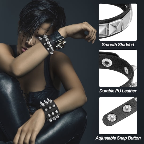 Uxcell 3Pcs Rock Punk Spiked Leather Bracelet Set, 8.7