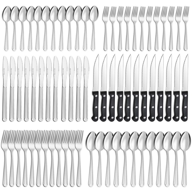 Bestdin 72 Pieces Silverware Set with Steak Knives, a stainless steel flatware set for 12 people. Includes dinner forks, dessert forks, dinner knives, steak knives, dinner spoons, and tea spoons. Mirror-polished and rust-resistant, this cutlery set is ideal for home kitchens, restaurants, hotels, and special occasions. Dishwasher safe and durable.