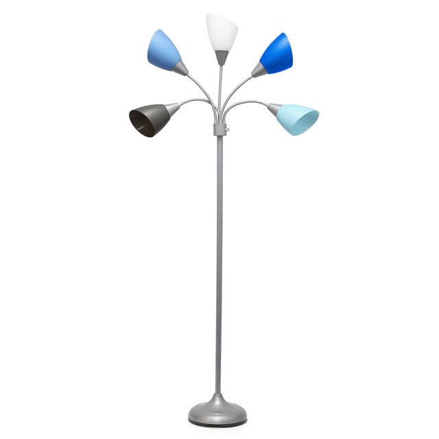 Simple Designs Lampe sur Pied à Col de Cygne Réglable à 5 Lumières avec une base en Métal Argenté et Cinq Bras à Col de Cygne Flexibles, Chacun Tenant un Abat-Jour Incliné en Plastique en Noir, Blanc, Bleu Pâle, Bleu Moyen et Bleu Foncé, Convient à un Éclairage Multidirectionnel Personnalisable dans les Environnements Domestiques.