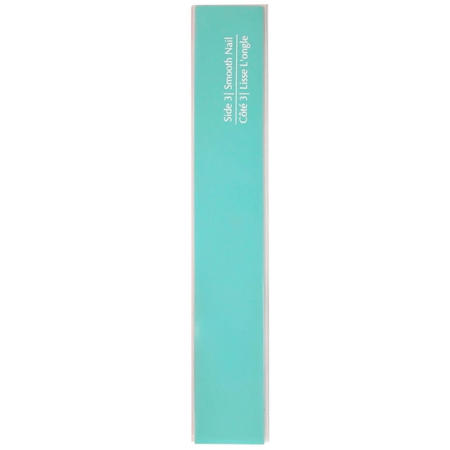 Equate Beauty Grand Tampon 4 Voies Montrant le Côté 3 avec une surface d'Ongles Lisse turquoise Étiquetée en Anglais et en Français, Conçue pour Lisser les Ongles dans les routines de Soins des Ongles et d'Outils pour Ongles dans le Cadre d'Un Processus d'Entretien des Ongles en Quatre Étapes.