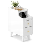 Gymax Narrow Nightstand Solid Wood End Table w/ Pull-out Tray & 2 Storage Drawers Antique White