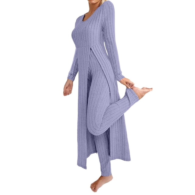Zhanying Ensembles en Tricot Deux Pièces Femme Automne Tendance Décontracté Robe Longue à Manches Longues Col Rond Haut Fendu en Tricot Côtelé Doux et Pantalon Violet TG