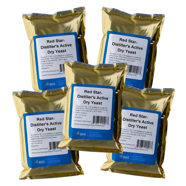 Home Brew Ohio Red Star DADY 1 Lb. Distiller's Yeast-5 Packs. The image displays five gold foil packages of Red Star Distiller's Active Dry Yeast, each weighing 1 lb and featuring clear labels with instructions for brewing and winemaking.