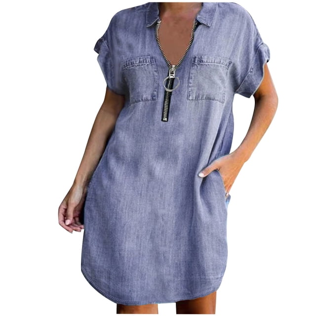 Robe Chemise en Denim à Manches Courtes pour Femme, Robe Tunique en Jean à Demi-Glissière avec Poches Robe de Mère de la Mariée Violet m