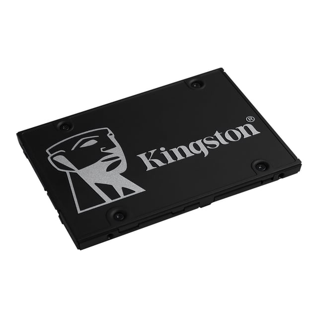 Kingston KC600 SSD, 2 TB internal drive with 2.5-inch form factor, featuring SATA 6Gb/s interface, 256-bit AES-XTS encryption, and TCG Opal self-encrypting technology. The black casing displays the Kingston logo in silver, emphasizing its multicolour design.
