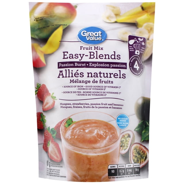 Great Value Easy-Blends Passion Burst Fruit Mix frozen fruit blend package with mangoes, strawberries, passion fruit, and bananas, no sugar added, source of iron, vitamin C, and vitamin E, designed to make four smoothies, featuring a resealable bag and smoothie image on front, ideal for quick and nutritious smoothie preparation.
