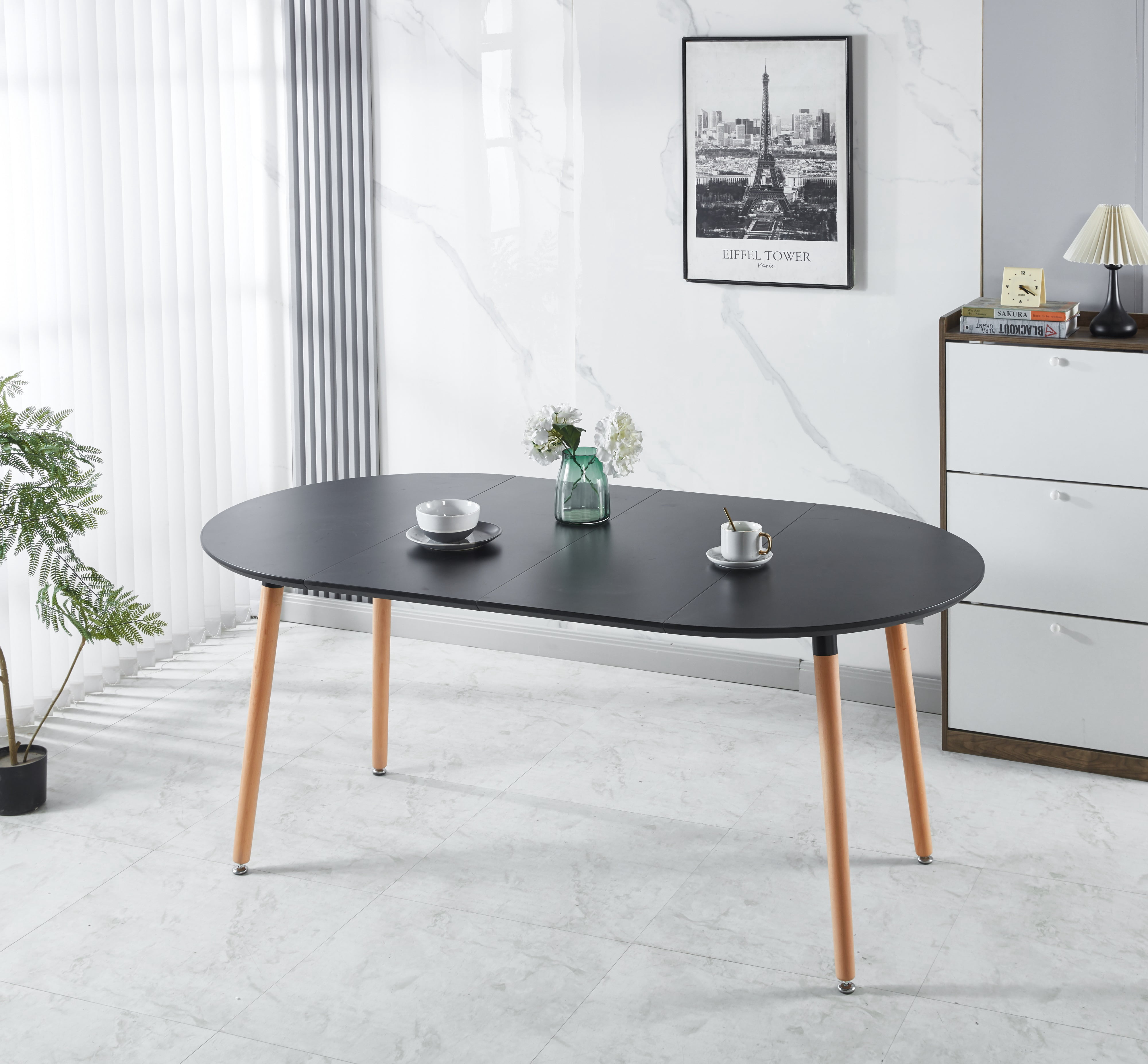 Noble House Table à Manger Ronde Extensible, Pied en Bois, Dessus de Table en MDF Noir, Utilitaire Polyvalent, Noir