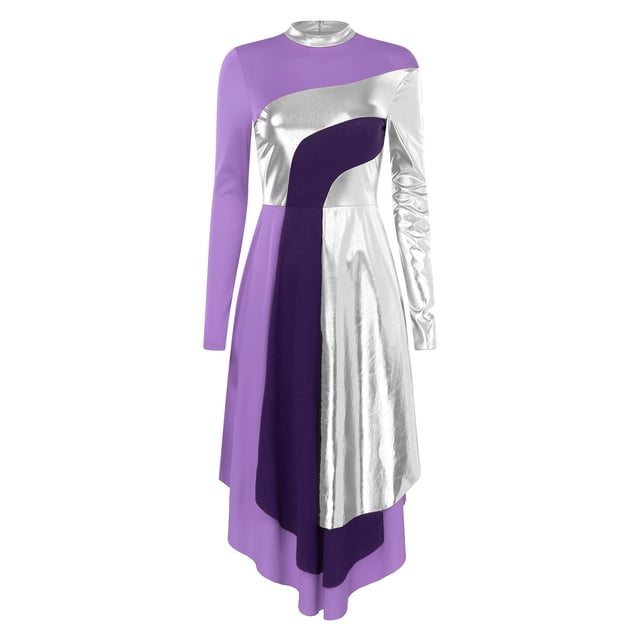 RUNQHUI Robe de Danse Liturgique de Louange pour Femmes à Blocs de Couleur Métalliques Dorés, Robe d'Église, Jupe de Culte, Violet P