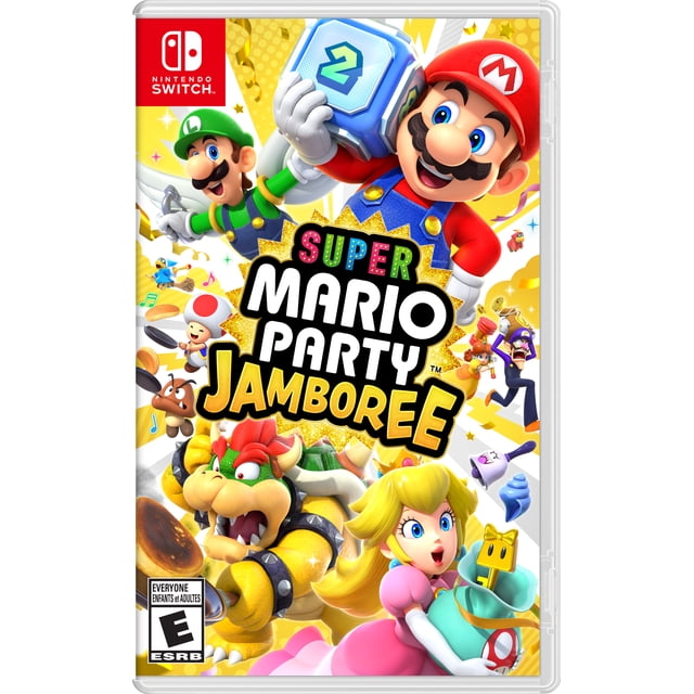 Super Mario PartyTM Jamboree Nintendo Switch game cover Mettant en Vedette Mario Tenant un Bloc de dés Bleu avec le Numéro 2, Luigi en Salopette Verte, Bowser avec Poignets à Picots, Crapaud Tenant une Poêle à Frire, Daisy et Waluigi en Arrière-Plan, Entourés d'Icônes Colorées de Mini-Jeu et du logo Audacieux du Titre de Jeu.