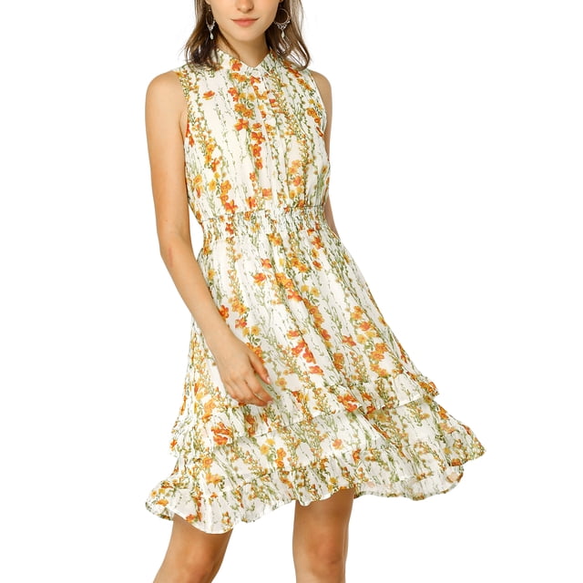INSPIRE CHIC Robes en Mousseline pour Femmes CHIC à Smocks Robe Mini Trapèze Sans Manches à Fleurs TG Blanc