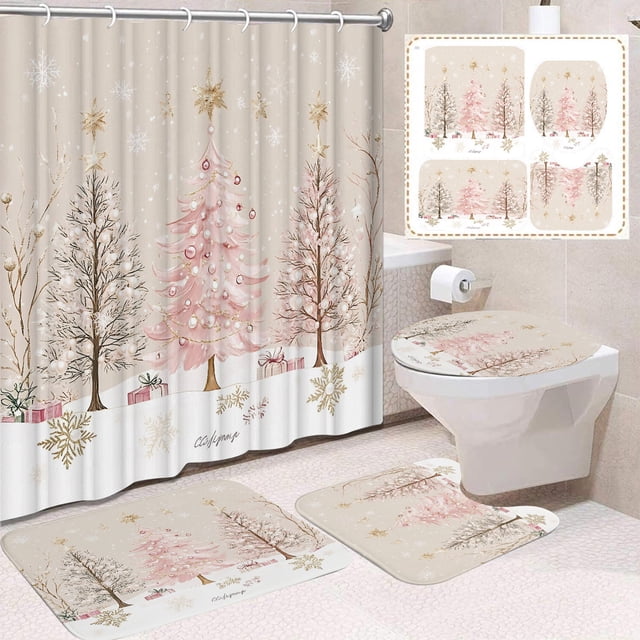 Fmbmuo Rideaux de Douche de Noël en Nylon, Spandex, Imperméables, Décorations Beiges, Ensembles de Rideaux de Douche Boules de Noël Traditionnels 4 Pcs