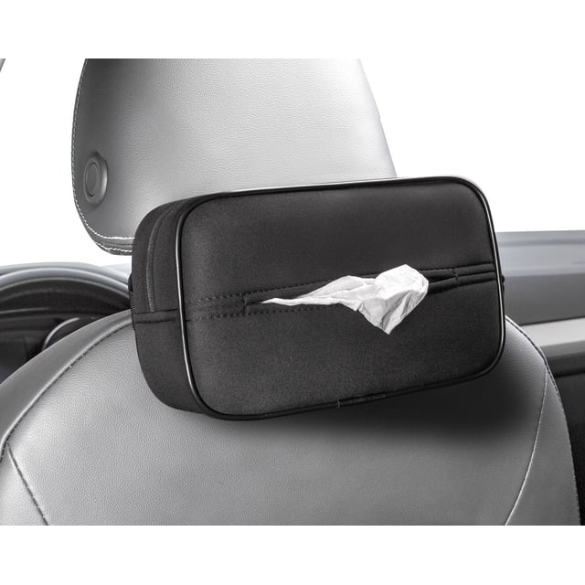 AUTO DRIVE Car Tissue Holder napkin box in black waterproof neoprene fabric with black piping, attached to a grey car seat headrest, showing a tissue partially pulled out from the front opening, designed for easy access and vehicle organization.