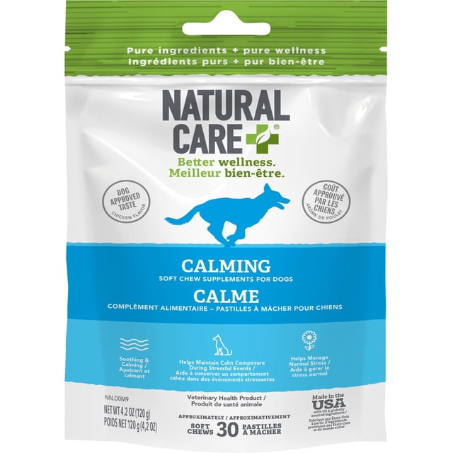 Natural Care Calming Chicken Daily Chews Dog Supplement in a white and green resealable pouch featuring a blue running dog silhouette, soft chew supplements designed to promote calm composure and manage normal stress in dogs, with dog-approved chicken flavor and made in the USA.