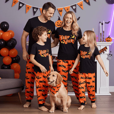PatPat Pyjamas d'Halloween Ensembles de Pyjamas pour Enfants Pyjamas de Noël Assortis pour la Famille Imprimé Lettres et Chauve-Souris Manches Courtes Ensembles de Vêtements de Nuit pour Filles Garçons Costumes 3-4 Ans