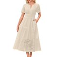 thumbnail image 2 of Ovzne Robes pour Femmes Robe Décontractée Imprimée Plissée Taille Élastique Sans Manches Col en V Robe d'Été Manches Courtes Liquidation, 2 of 5