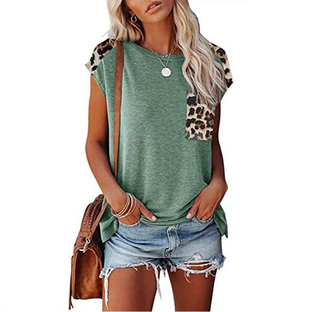 Nouveau T-shirt à Manches Reglan pour Femmes Col Rond Coutures Top Léopard Imprimé Poche Chemisier