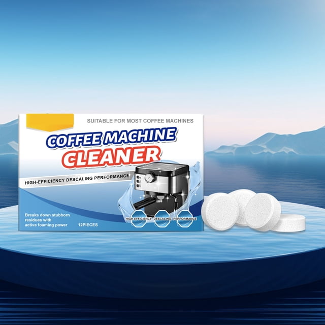 Vaidha Coffee Machine Cleaner Descaler Tablets packaging displayed on a reflective surface with a serene blue background. The box highlights its high-efficiency descaling performance and suitability for most coffee machines. Three white tablets are placed beside the box, showcasing the product's solid form. Designed for daily maintenance, these tablets remove coffee oils, mineral buildup, and prevent clogs, improving coffee extraction and extending machine lifespan.