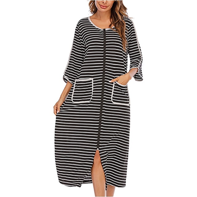 yievot Chemise de Nuit Chaude d'Hiver pour Femmes Automne et Hiver Robe de Nuit Zippée avec Poches Pyjama Ample