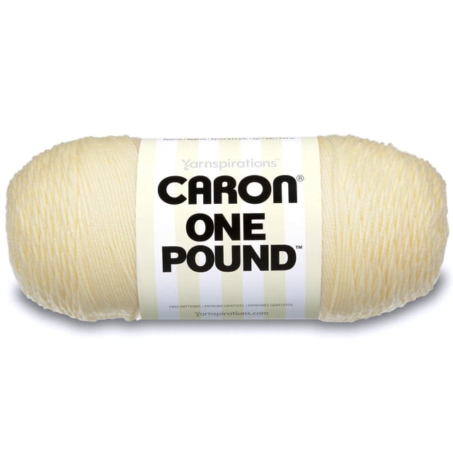 Fil Caron® One Pound™, Acrylique #4 Moyen, Écheveau de 16 Oz/454 g en Jaune Pâle, Fil de Grosseur worsted Idéal pour le Tricot et les Accessoires de crochet, les Vêtements et les Projets de Déco Maison, avec une Étiquette Blanche avec Texte Noir Audacieux et des Rayures Verticales.