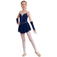 thumbnail image 1 of Aislor Robe de Patinage Artistique pour Fille, Robe de Danse Ballet Sans Manches en Maille avec Strass, Justaucorps de Gymnastique Rythmique avec Gants, Bleu Marine 6, 1 of 7