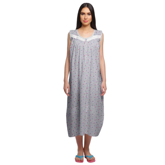 Moomaya Chemise de Nuit Imprimée pour Femmes Mi-Longue en Coton avec Manches Vêtements de Nuit