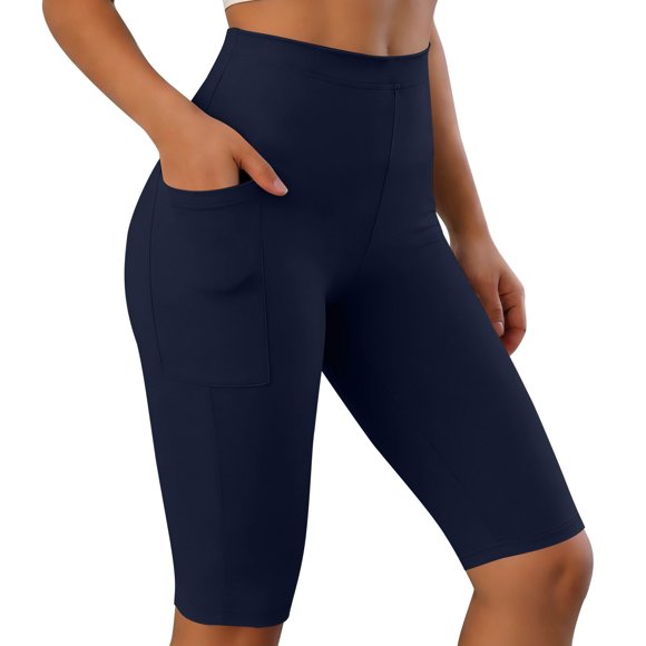 BLVB Biker Yoga Shorts with Pockets for Women High Waisted Athletic Running Workout Gym Knee Length Leggings Capri Pants