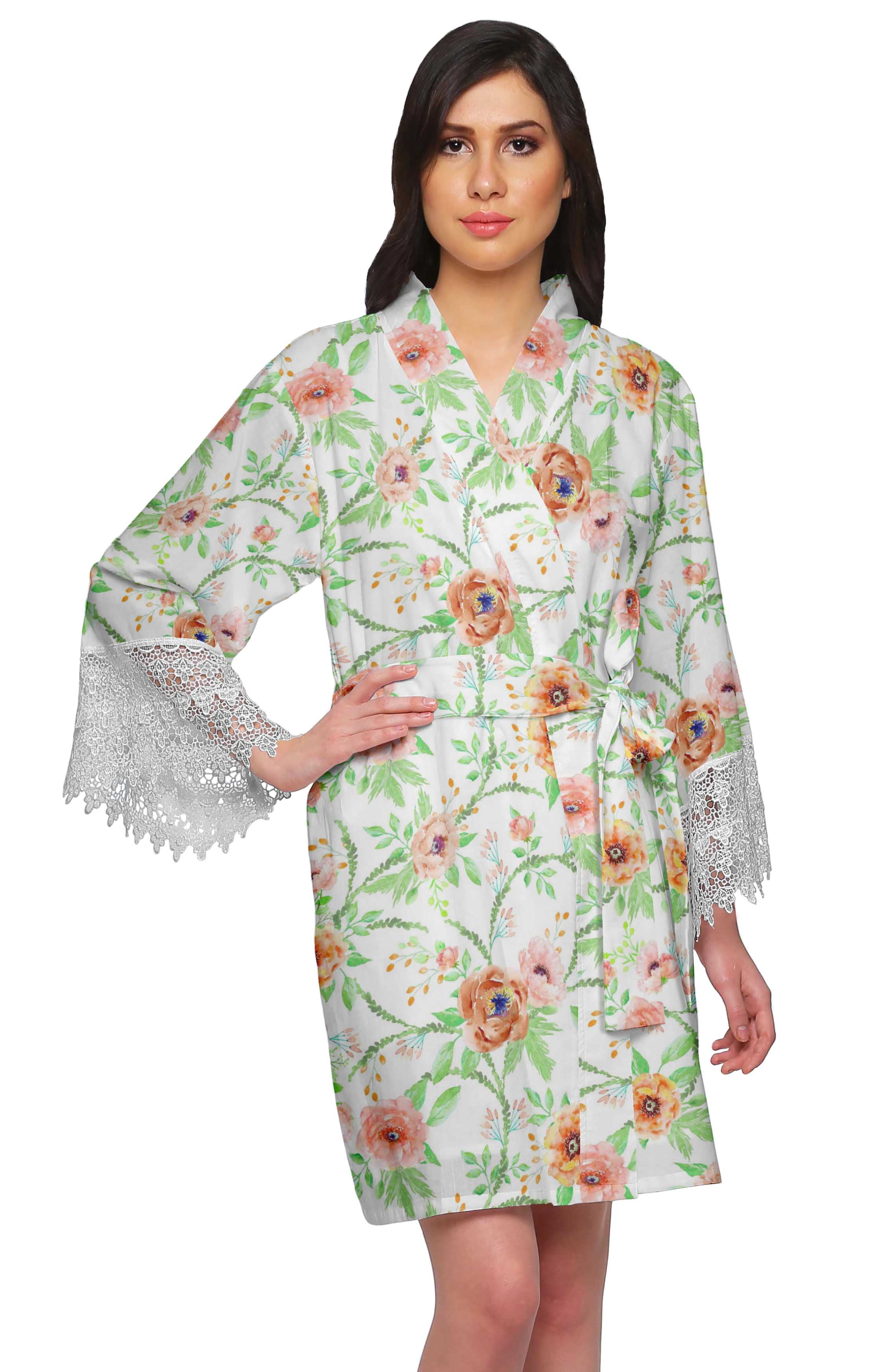 Moomaya Printed Short Robes For Women Cotton Robes For Women With Lace Trim