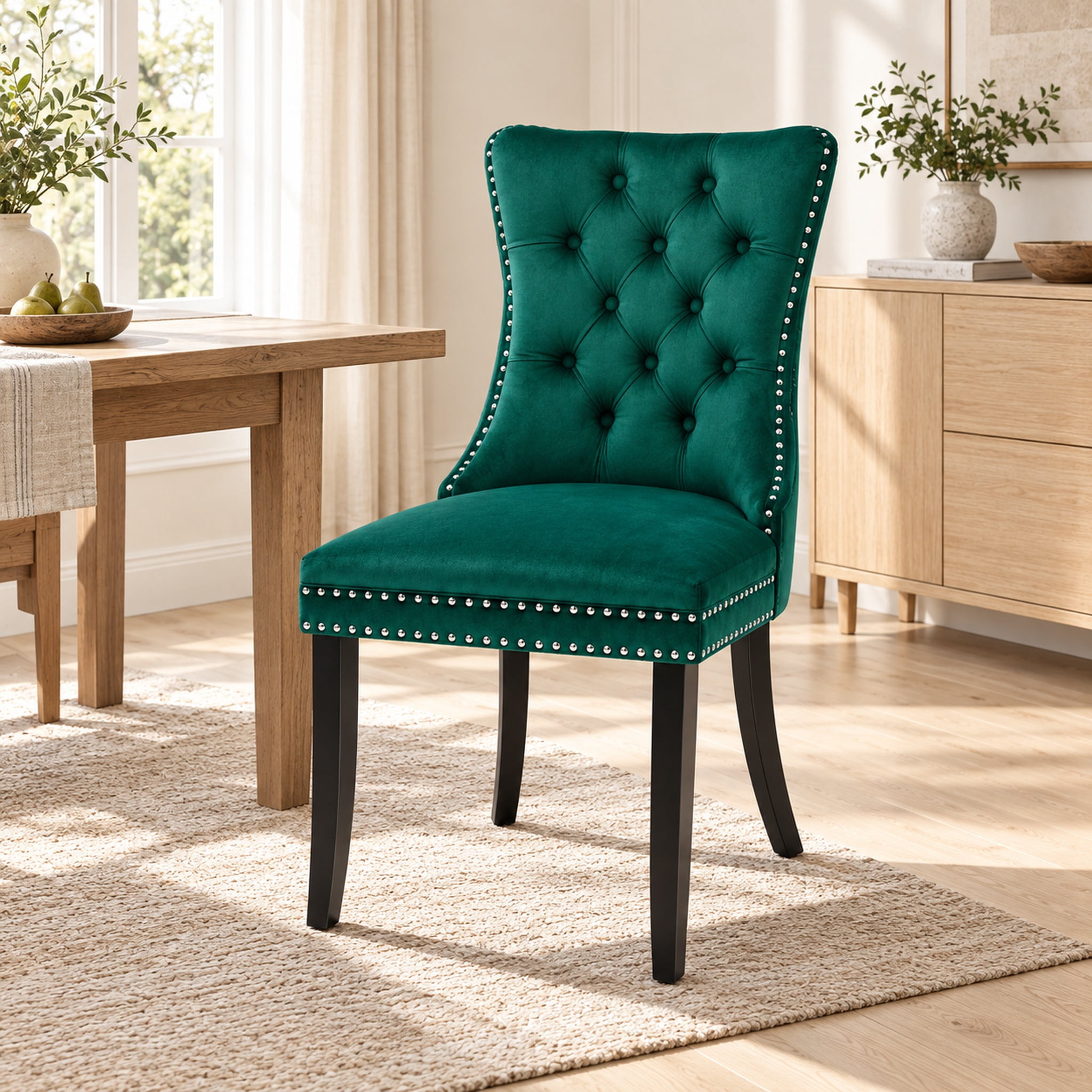 Homy Casa Green Velvet Tufted Dining Chairs Set of 2 with Solid Wood Legs and Nailhead Trim