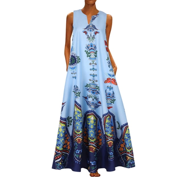 Robe Maxi d'Été Sans Manches à Rayures Imprimées à Col en V Vintage Décontractée pour Femme