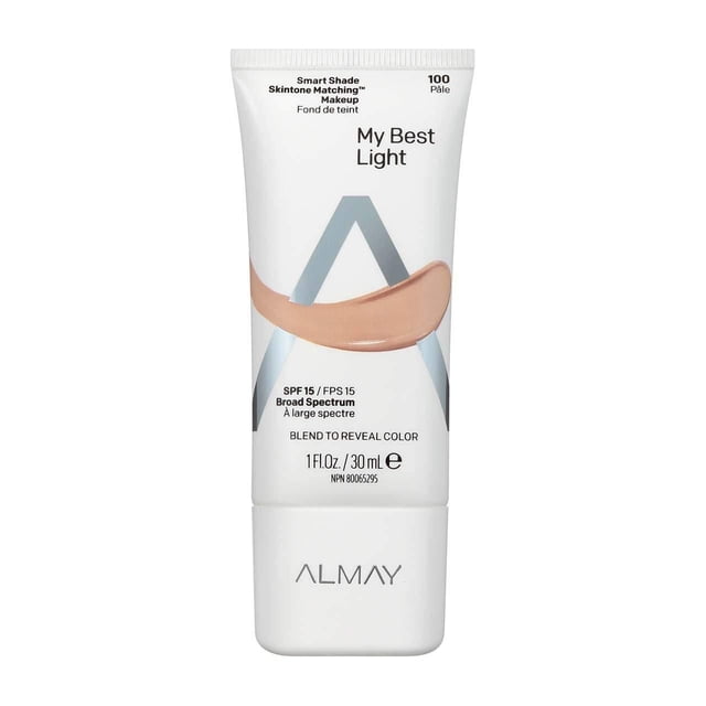 Almay Smart Shade Skintone Matching™ Foundation, 30mL, 1 unit, white tube labeled shade 100 Pale with grey logo, SPF 15 broad spectrum protection, lightweight liquid foundation that blends to reveal a natural medium coverage matching your skin tone.