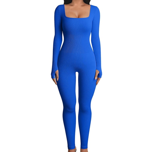 Fortune Women Bodysuits Ribbed Knit Bodycon Jumpsuits Long Sleeve One Piece Romper