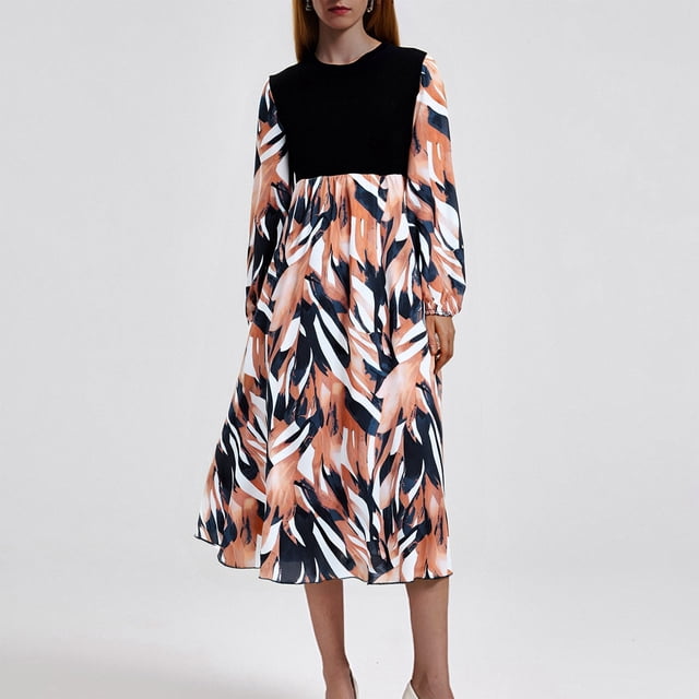 Ovzne Robes pour Femmes Robe d'Été pour Femmes Nouvelle Robe Imprimée Française à Manches Longues à Col Rond avec une Grande Robe d'Été à Manches Longues Imprimée Liquidation