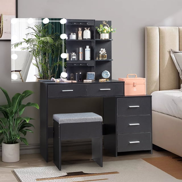 Ktaxon Lighted Makeup Vanity Table Set, Dressing Table with Sliding Mirror, Vanity Desk , Black