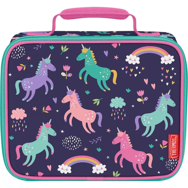 Thermos Sac à Lunch Isolé pour Enfants à Compartiment Unique avec Doublure, Fond Bleu Marine avec des unicorns Colorés, Arcs-en-Ciel, Cœurs, Fleurs et Nuages, Poignée Rembourrée Rose, Garniture de Fermeture Éclair Turquoise, et Isolation en Mousse avec Doublure PEVA pour Garder les Aliments Frais et Frais, Idéal pour les Dîners à l'École.