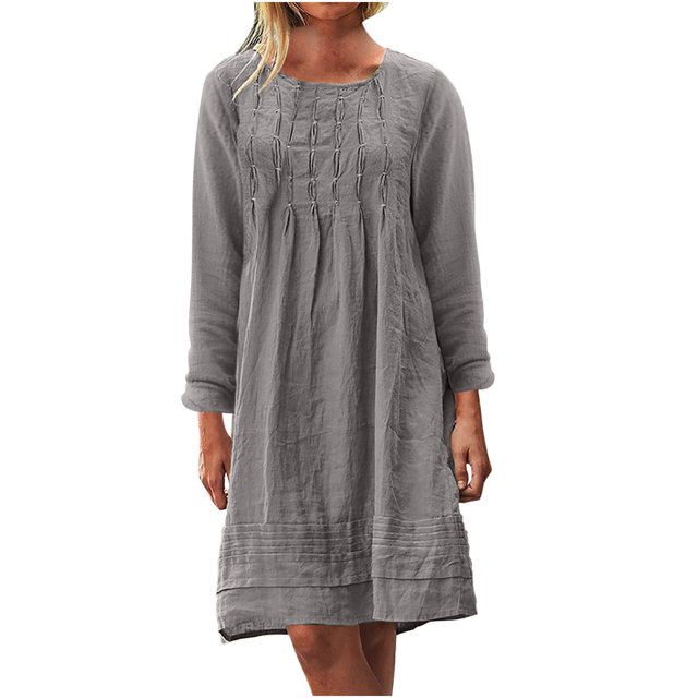 MeetoTime Robe Mi-Longue pour Femme à Col Rond, Manches Longues, Longueur Genou, Légère, Ample, en Coton et Lin, Tailles P-5TG