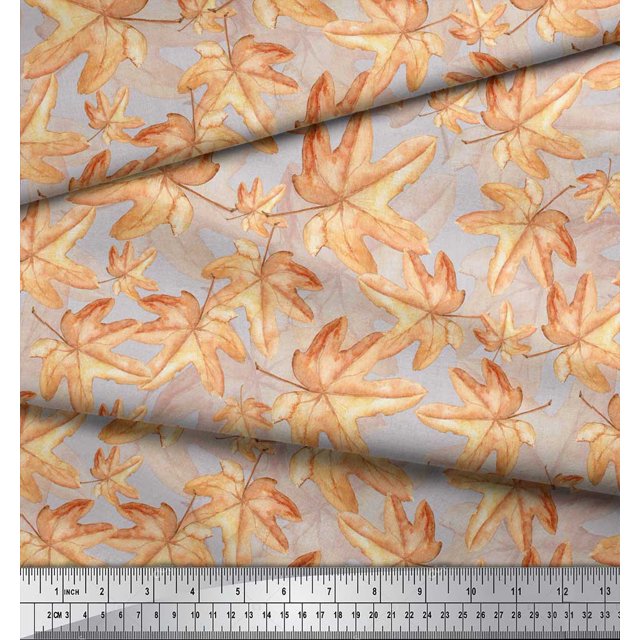 Soimoi Gray Poly Georgette Fabric Autumn Leaves Print Fabric by the Yard 42 Inch Wide